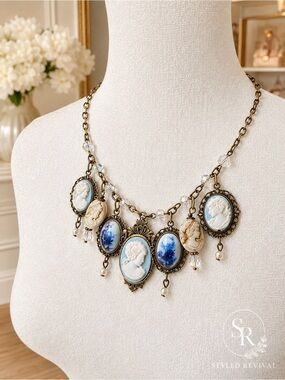 Statement Cameo Blue Willow Charm Necklace Antique Gold Tone 20” NWT